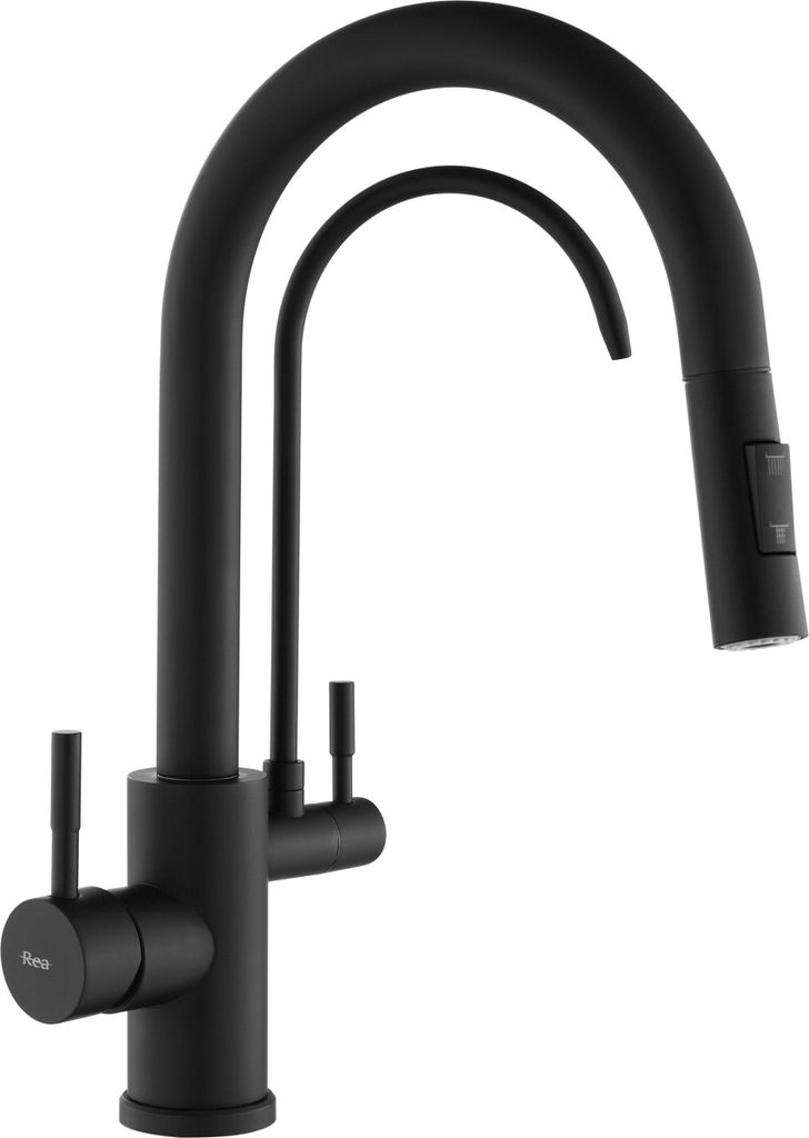 A black kitchen faucet with two spouts and two handles, shown against a white background.