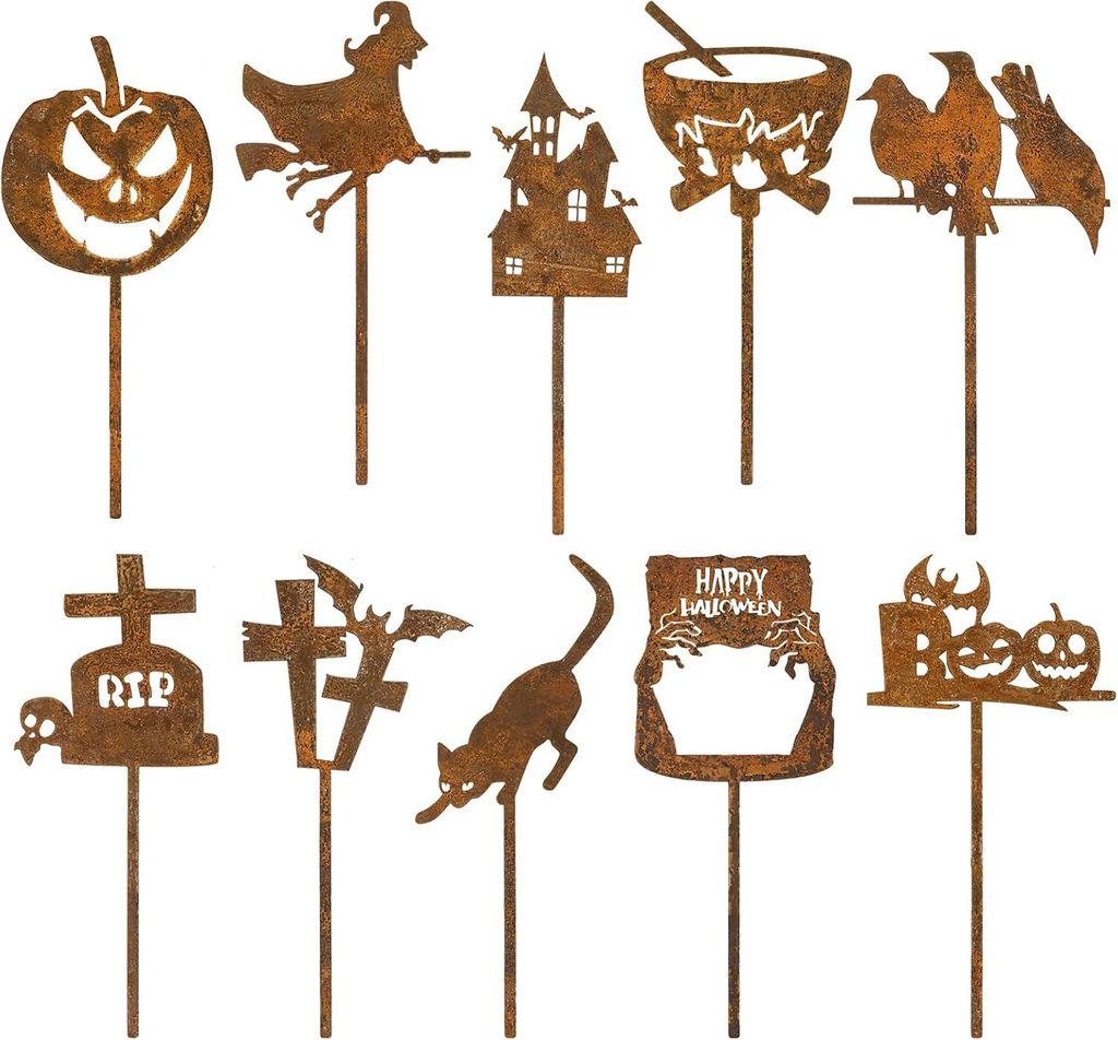 10 Stück Halloween Rost Gartenstecker Gartendeko Metall Hexe Kürbis Boo Raben Grabstein Kreuz Zombie Hand Roststecker für Garten Rasen Hof Balko...