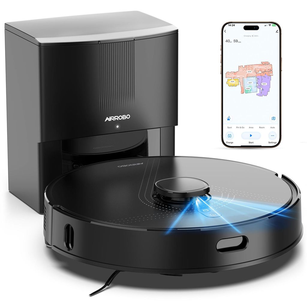 A robot vacuum cleaner with its charging station and a smartphone displaying its app interface.