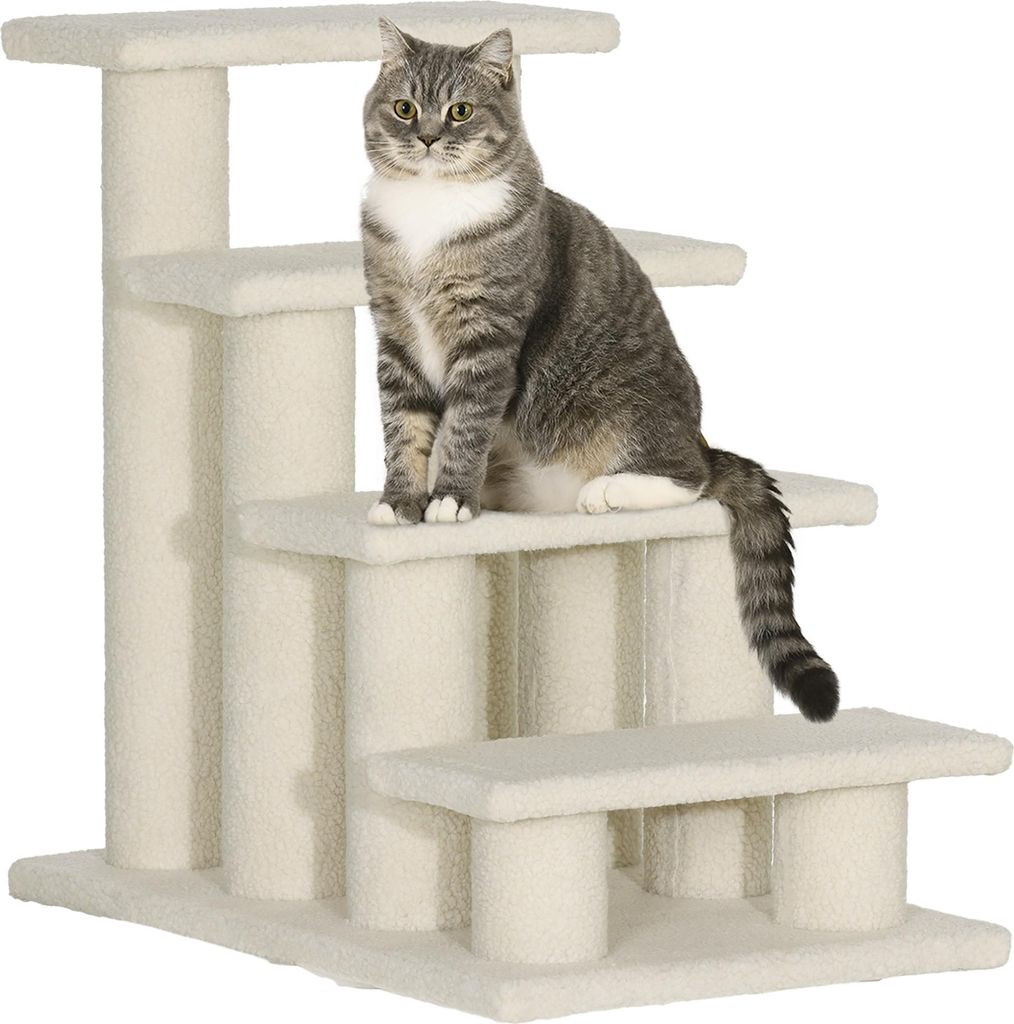 Katzentreppe 4 Stufen Tiertreppe Treppe für Katze Haustiertreppe Hundetreppe aus Plüsch 61 x 41 x 60 cm Cremeweiß