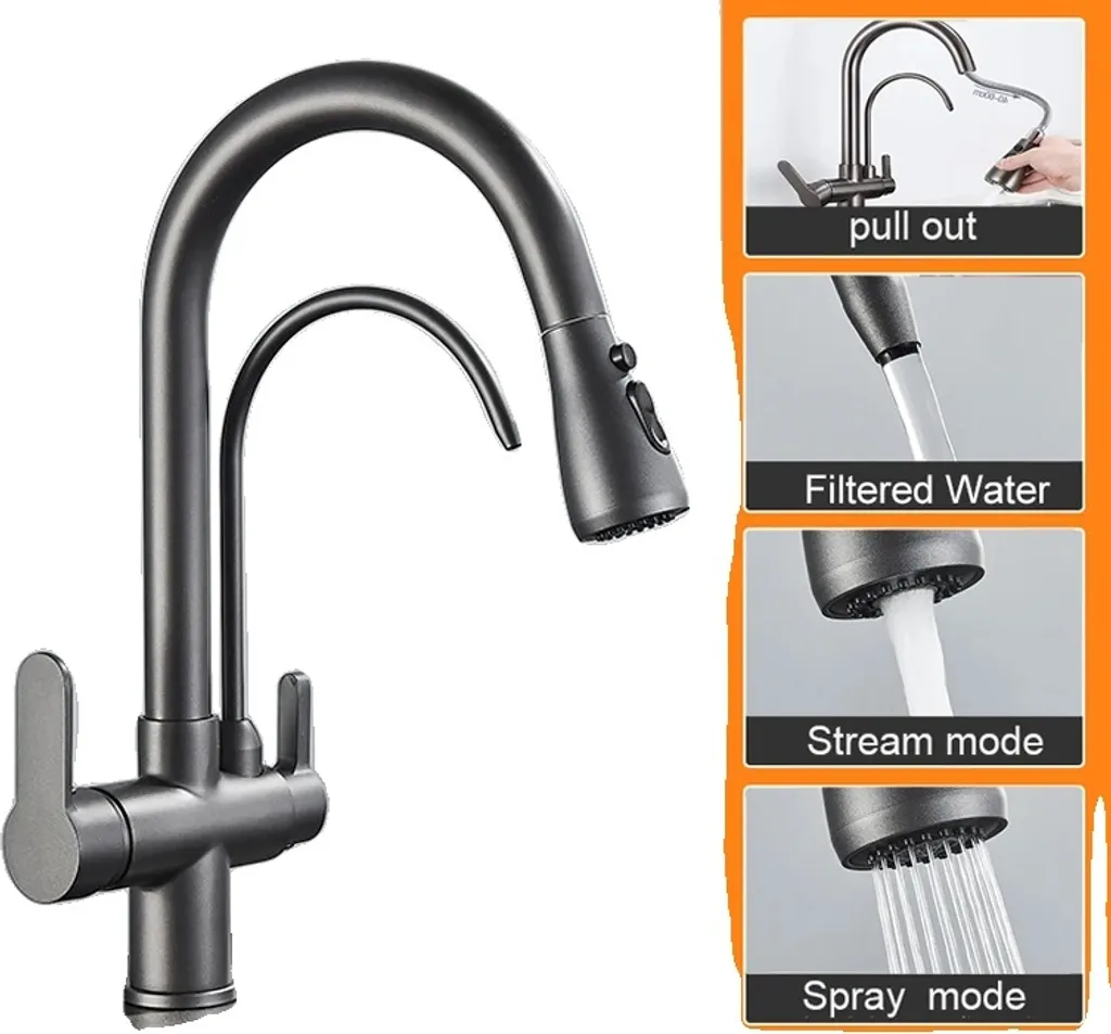 Rubinetto Cucina Cleaner Grigio B: Doppia Maniglia e Doccetta Pratica