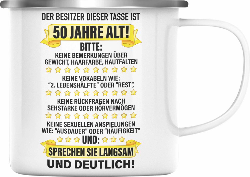 Trendation - 50. Geburtstag Männer Emaille Tasse Geschenk Geschenkidee 50er Geburtstag Spruch Perfektion Vater Papa Lustiger Spruch Witzig (Silber)