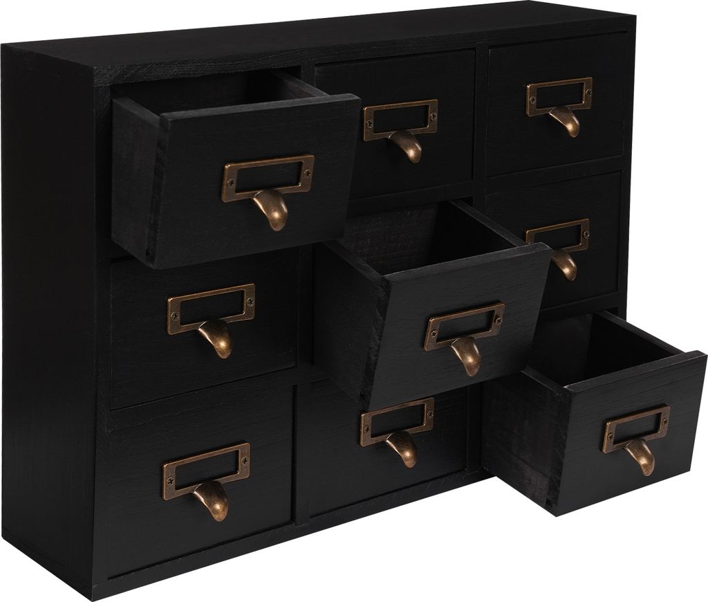 A black wooden cabinet with nine drawers, some of which are open, displaying brass drawer pulls.