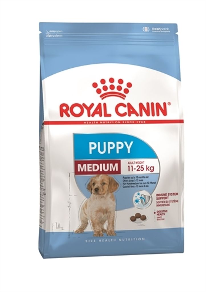 A bag of Royal Canin Medium Junior puppy food.