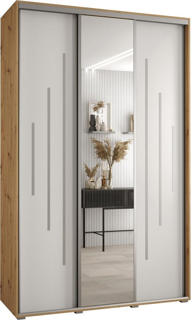 MEBLE KRYSPOL Cannes 13 Schrank mit 3 Schiebetüren - 205,2x150x45 cm - Artisan Weiß Silber