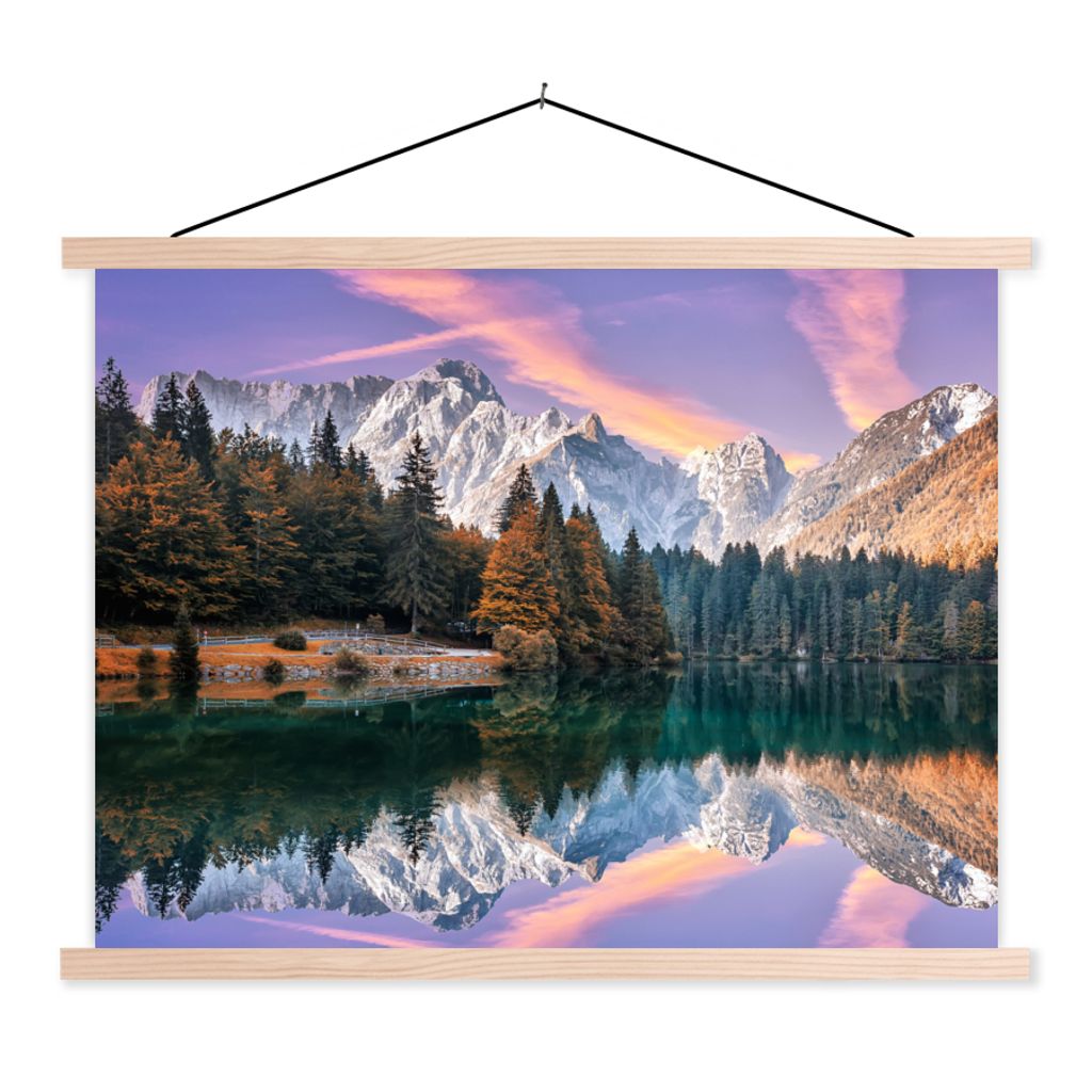 MuchoWow Textilposter Berg - Wald - Wasser - Himmel - Rosa - Lila 60x45 cm mit holzfarbenen Rahmen - Bild