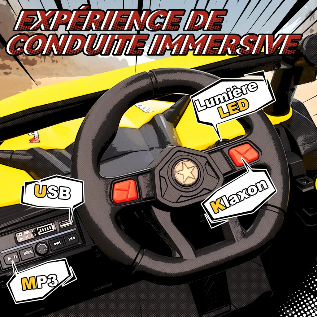 Voiture UTV 12V jaune pour enfant avec télécommande et roues robustes - 9
