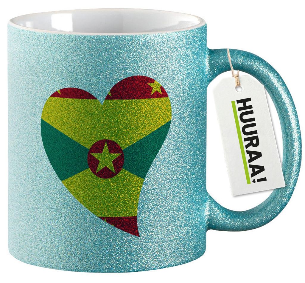 Huuraa Glitzertasse Grenada Flagge Herz 330ml Blau Keramik Kaffeebecher Geschenkidee