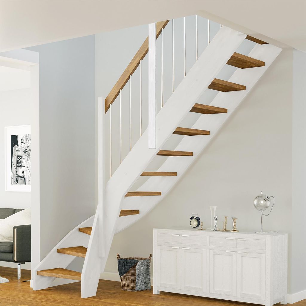 Dolle Raumspartreppe Faro 1/4-gewendelt 243-299cm GH 55-75cm breit Eiche weiß Stabgeländer aus Holz rund 20 mm