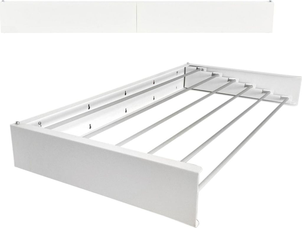 A white wall-mounted drying rack with silver bars is shown against a white background.