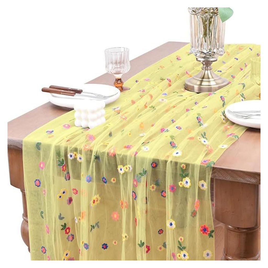 Bestickter Tischläufer mit Blumenmuster, transparente Tischdecke aus Netzgewebe für Frühling und Sommer, zarte florale Spitzentischdekoration f...