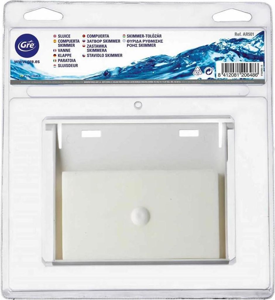 The image shows the retail packaging of a Gre AR501 skimmer weir, with the product visible inside the clear plastic packaging.