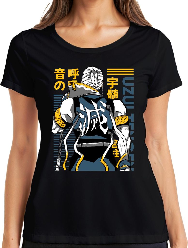 Uzumaki Ninja Rückenfigur Kanji Samurai Manga Geschenk Japan Y2K Streetwear Damen T-Shirt, Schwarz, XL