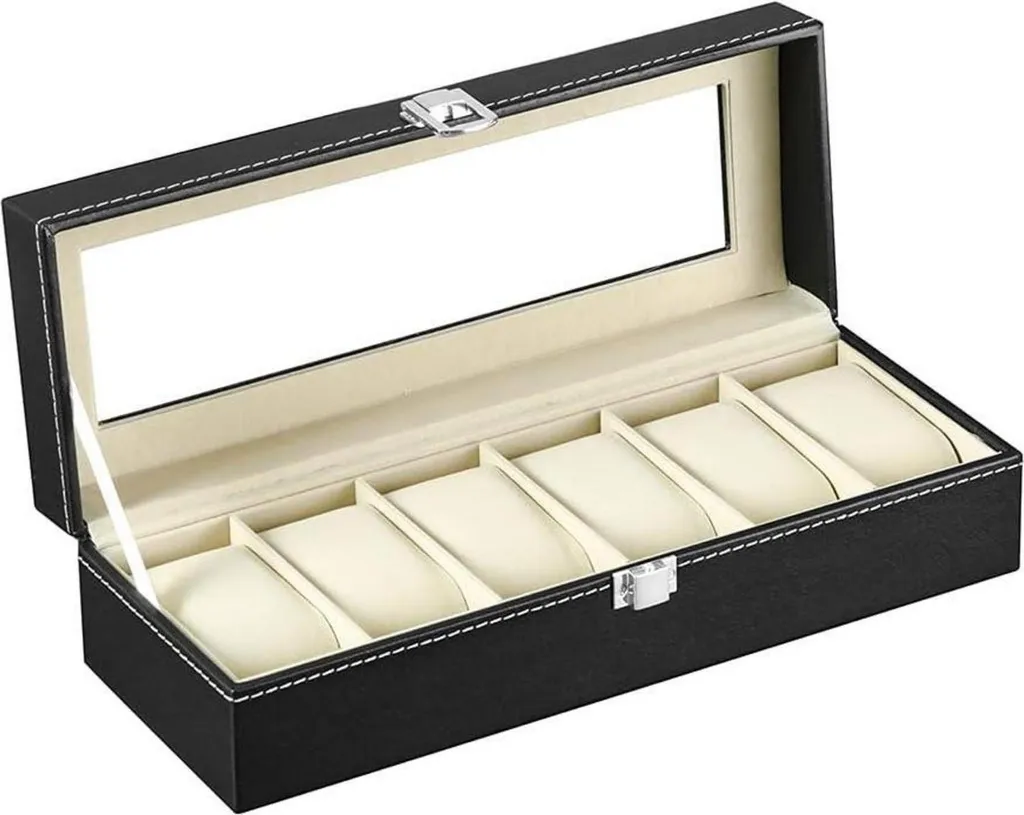 Boîte à Montres Homme W04B - Coffret 6 Emplacements en Cuir Noir et Verre
