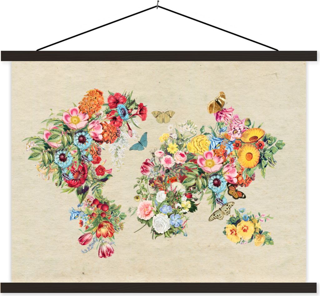 MuchoWow Textilposter Weltkarte - Vintage - Blumen 60x45 cm mit schwarzem Rahmen - Poster Schlafzimmer