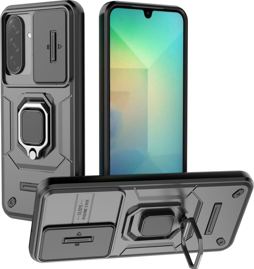 Hülle für Samsung Galaxy A26 Dual Layer Handyhülle Schiebe Kamera Schutz und Ringhalter Ständer Schwarz