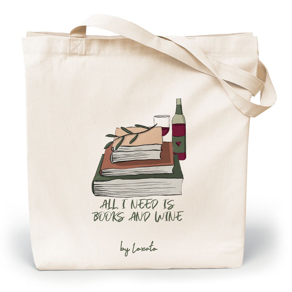 Loxato Stoffbeutel Motiv - Baumwolltasche - Jutebeutel - "All I need is Books and Wine"