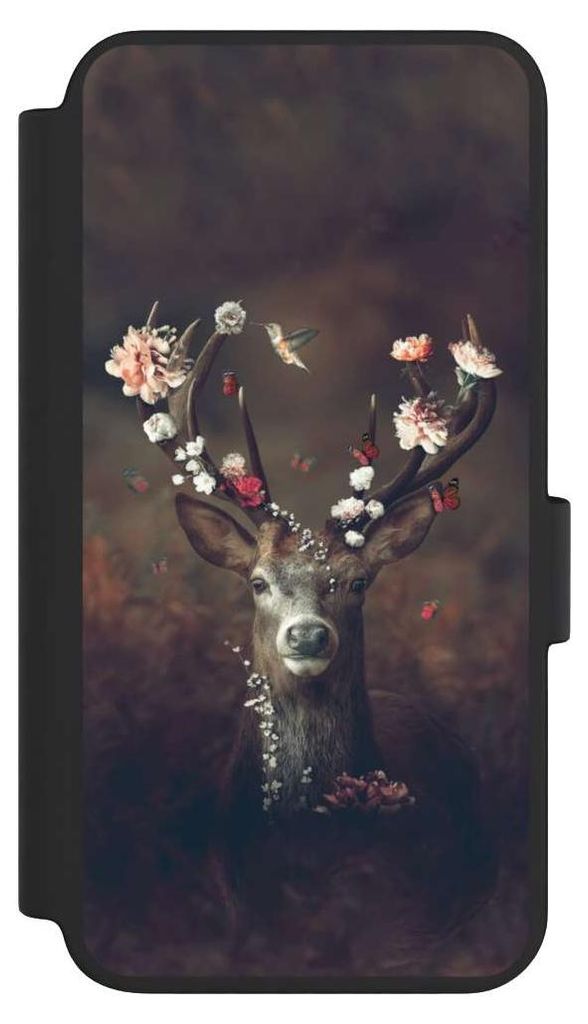 NIVOCASE Klapphülle für Samsung Galaxy S23 Handyhülle aus Kunst Leder NIVOflip schwarz Blumen Rehe Rentier