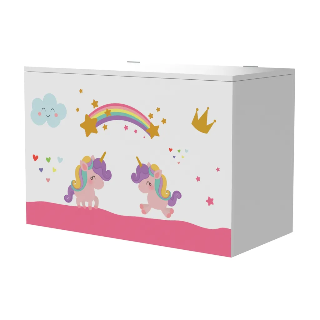 Coffre à jouets Oleiros anti-désordre motif Licorne blanc 60x40x30 cm