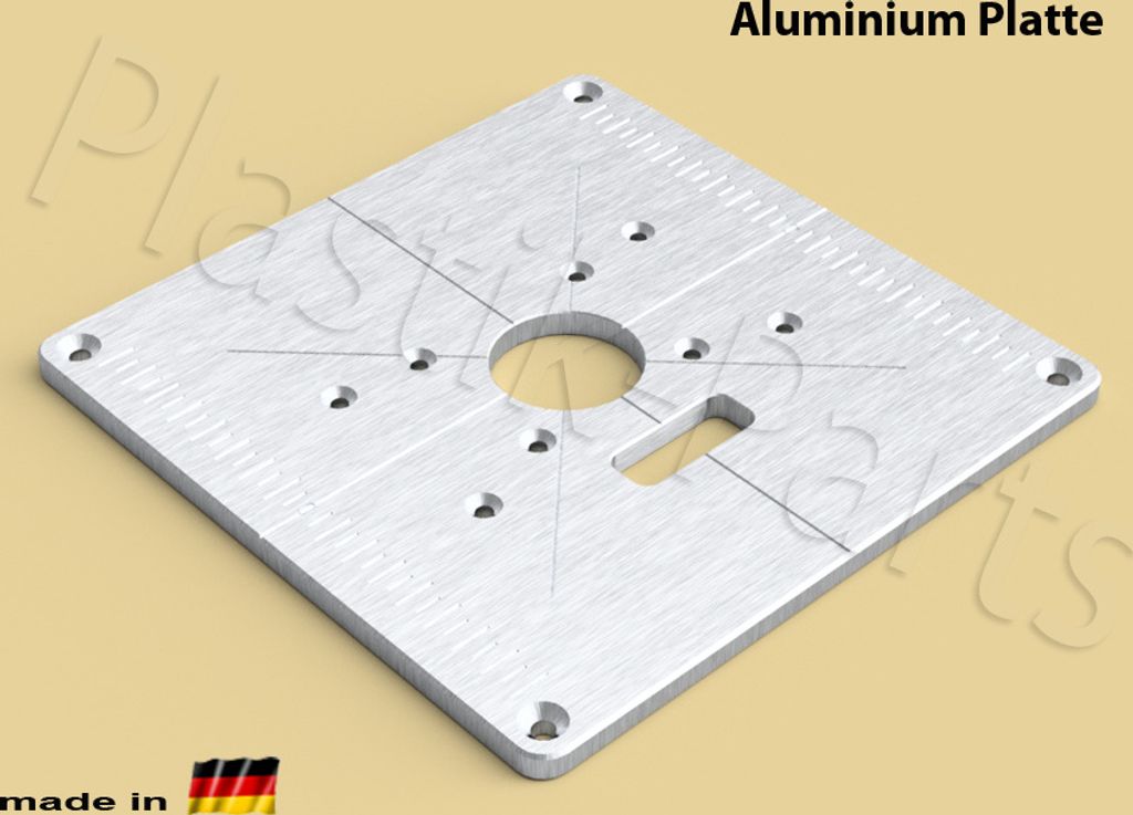 A square aluminum plate with a central circular cutout and a rectangular slot, designed for mounting tools or equipment.