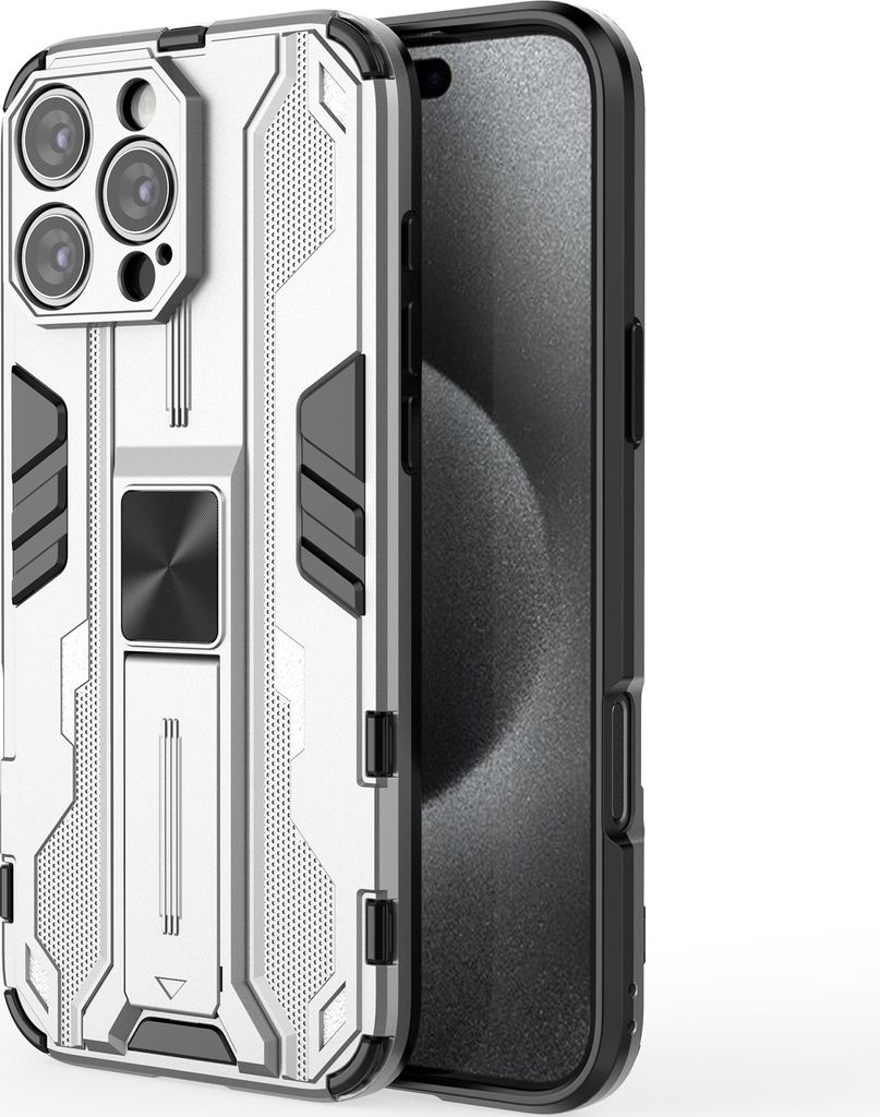 iPhone 16 Pro Max Hülle, Dual Layer PC TPU Bumper Stoßfest Ständer Schutzhülle für iPhone 16 Pro Max Silber