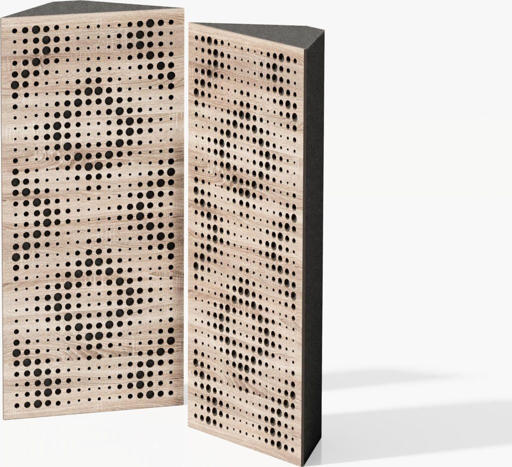Two triangular acoustic bass traps with a perforated wooden surface are shown against a white background.