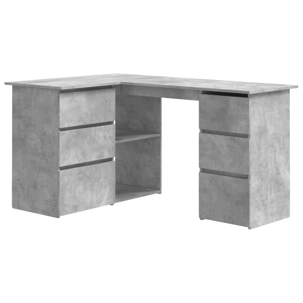 A corner desk with a concrete-like finish.