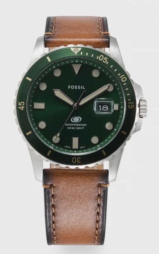 Fossil Blue FS5946 Herrenuhr Edelstahl Ökoleder grün, braun