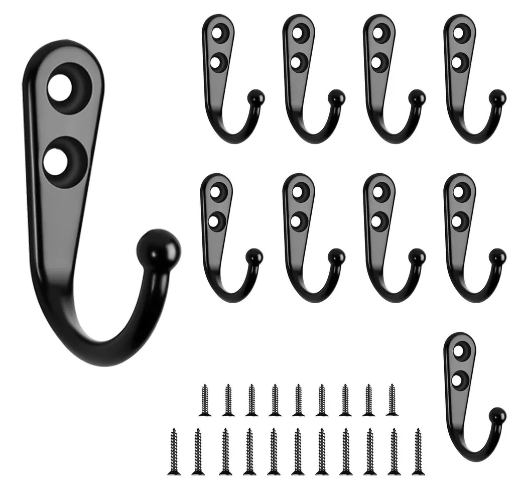 Lot de 10 patères noires murales robustes avec vis pour rangement maison