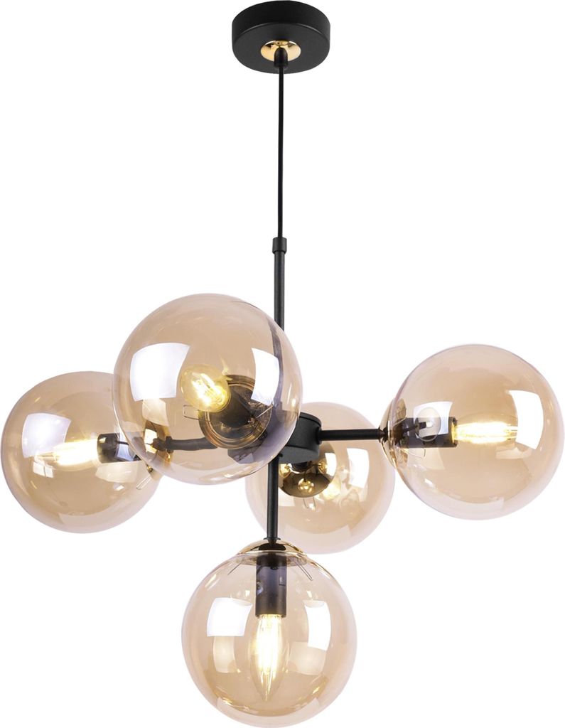 Hängelampe mit schwarzer Metallkonstruktion, 5 kugelförmige Schirme aus honigfarbenem Glas, 15 cm, goldene Ausführung, E14