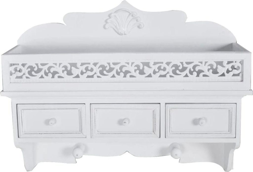 A white wall-mounted organizer with three drawers and decorative scrollwork.