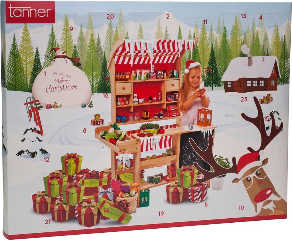 An advent calendar depicting a winter scene with a toy shop and children.