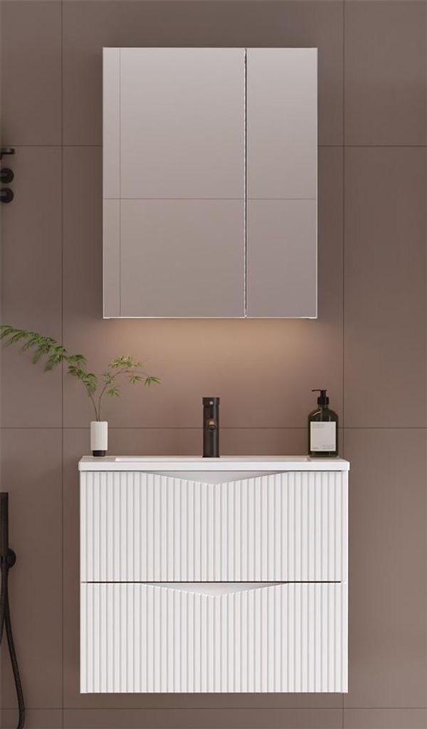 Badmöbel-Set 2-teilig mit 60 cm Waschtisch & Spiegelschrank in weiß mit gerillter Front - CALURI-140