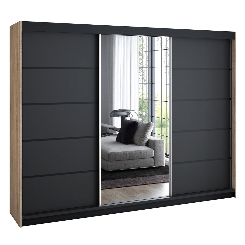 Schwebetürenschrank 200 cm, 3-türig, mit Spiegel & 4 Schubladen, Retro-Stil, modern – Kleiderschrank VILUNO 4 Sonoma / schwarz / schwarz