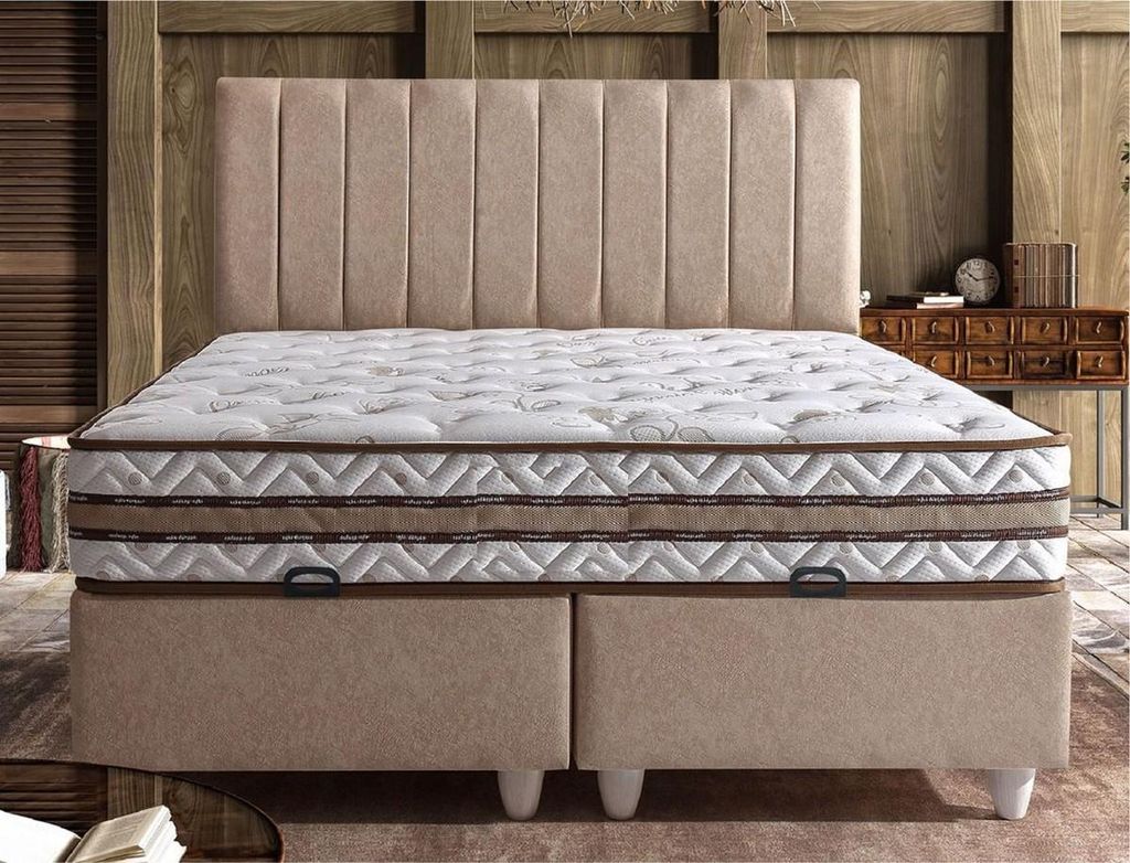 Casa Padrino Luxus Doppelbett Beige / Weiß - Verschiedene Größen - Massivholz Bett mit Kopfteil und Matratze - Schlafzimmer Möbel - Hotel Möbe...