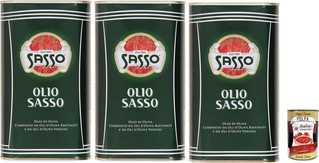 Sasso Olio Extra vergine D'oliva Natives Olive Olivenöl 3x 1 Lt 100% Italienisch, Extra virgin oil + Italian Gourmet polpa 400g