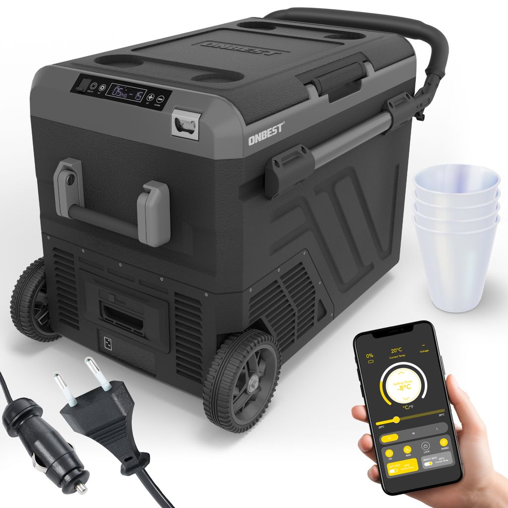 ONBEST Kompressor Kühlbox | 50L | 12V | 230V | mit App-Steuerung | Touchdisplay | Rollen | USB-Anschlüsse | LED | 4 x Trinkbecher