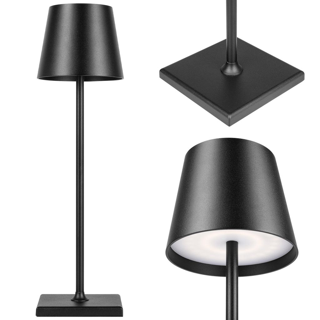 A collage of a black table lamp from different angles.