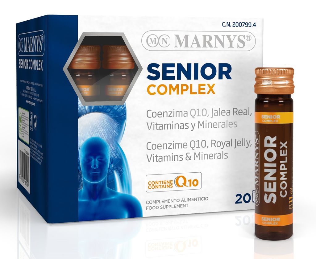 A product shot of MARNYS Senior Complex, featuring a box of vials and a single vial.