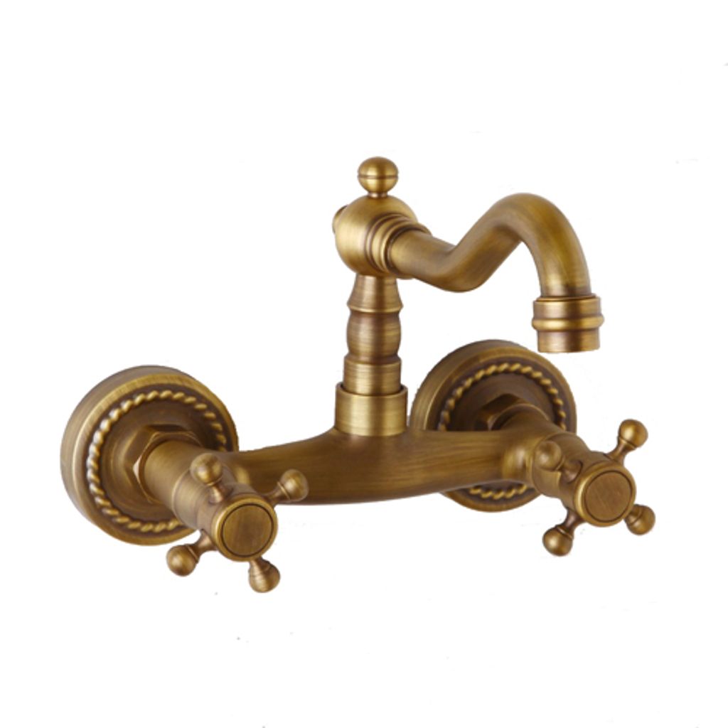 A vintage-style brass wall-mounted faucet against a white background.