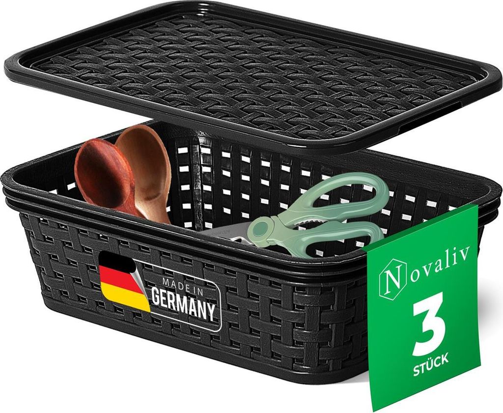 Novaliv 3er Set Aufbewahrungsbox mit Deckel Küche 1L Schwarz Kunststoff Rattan-Optik Küche Aufbewahrung & Organisation BPA-Freie Schrank Organize...