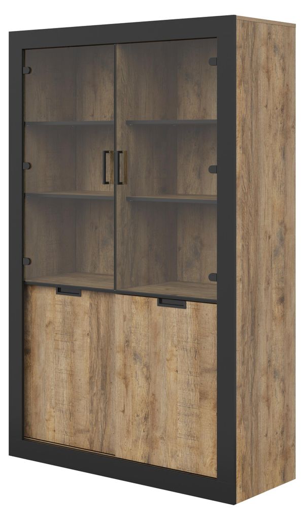 Masseno Vitrinenschrank DAVOR 187 x 120 cm Modern Wohnzimmer Vitrine, Eichefarben / Schwarz