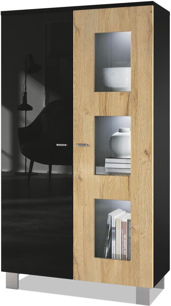 Vladon Vitrine Denjo, Germany, Standvitrine mit 2 Türen und 3 Glaseinsätzen, Schwarz matt/ Schwarz Hochglanz/ Eiche Natur, inkl. LED-Beleuchtung...
