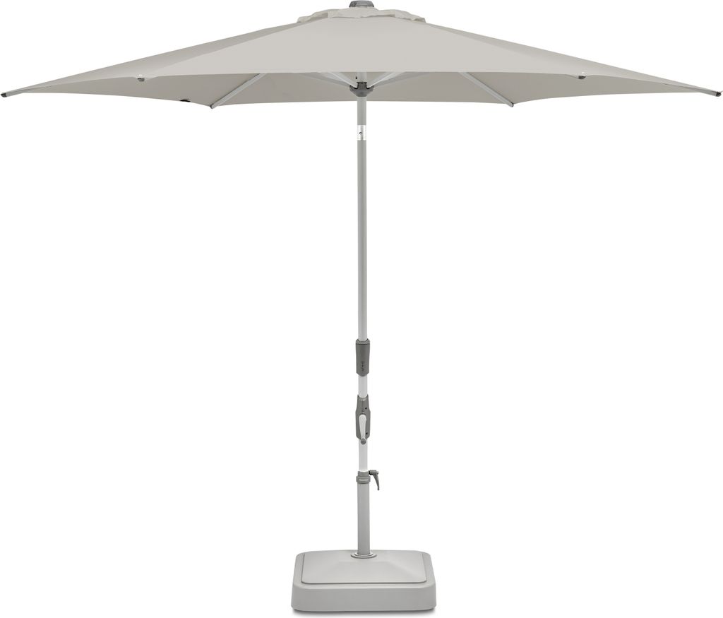 A light gray patio umbrella with a square base is shown against a white background.