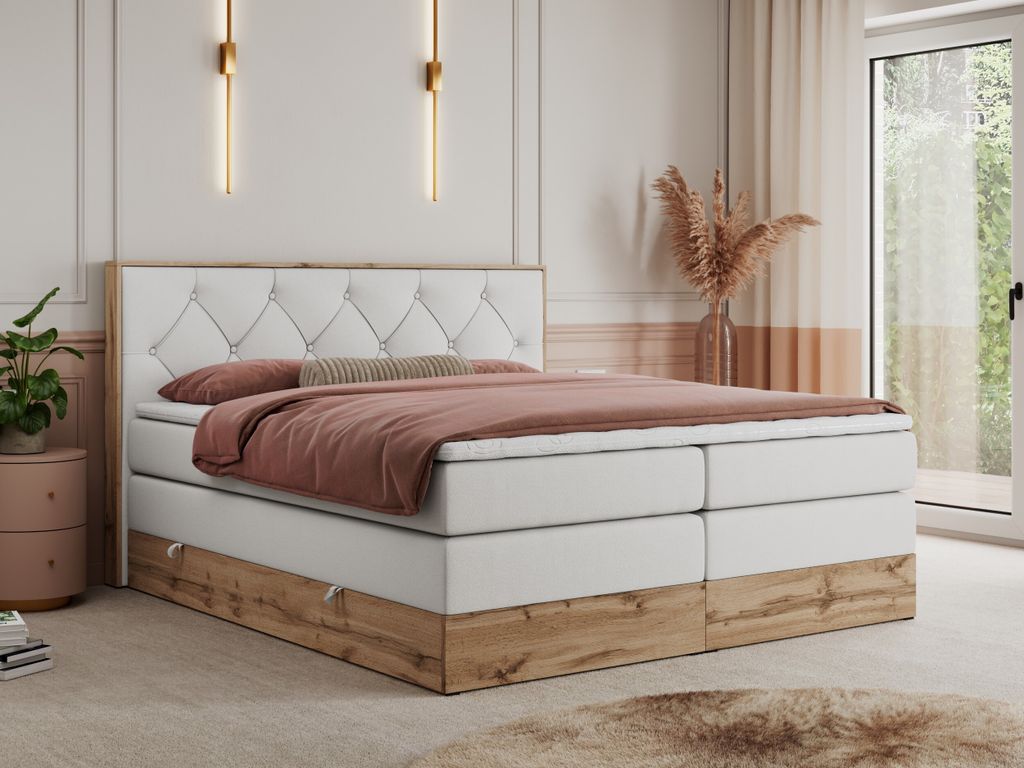 MKS MEBLE King Boxspringbett 160x200 mit Bettkasten Eiche, Polsterbett 160x200 mit Matratze H4, Bett 160x200 mit Kopfteil, Bett mit Holzrahmen in W...