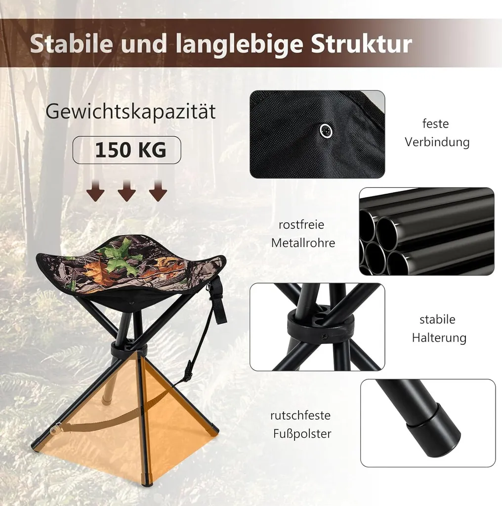 COSTWAY set di 2 sgabelli pieghevoli, sgabello da campeggio pieghevole e leggero, sgabello treppiede con tracolla, sgabello da campeggio portatile fino a 150 kg di portata, sgabello da pesca per campeggio, escursionismo, caccia, pesca, viaggi - 4