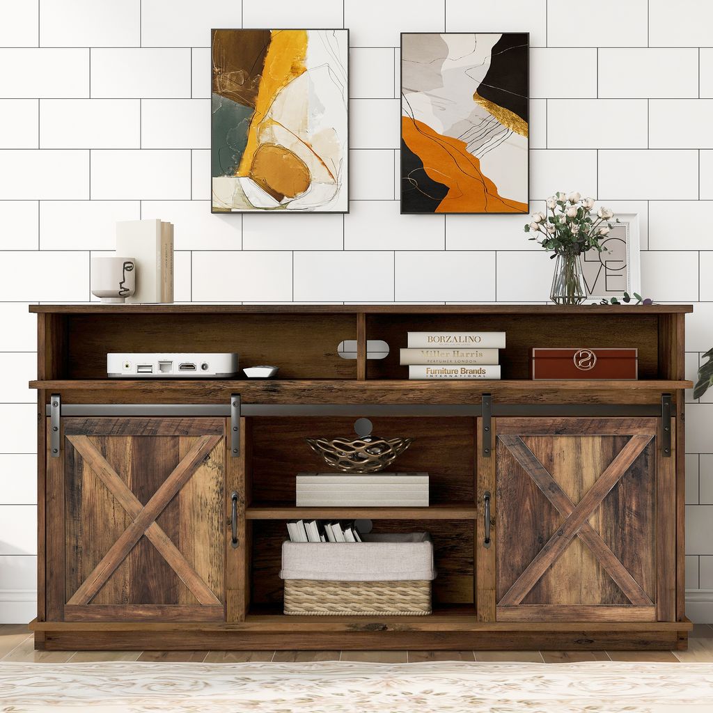 okwish Großer TV-Schrank, TV Stand, Fernsehschrank Einstellbare Regale für Wohnzimmer Esszimmer, Sideboard mit 2 Schiebetüren, 148*40*78cm Braun