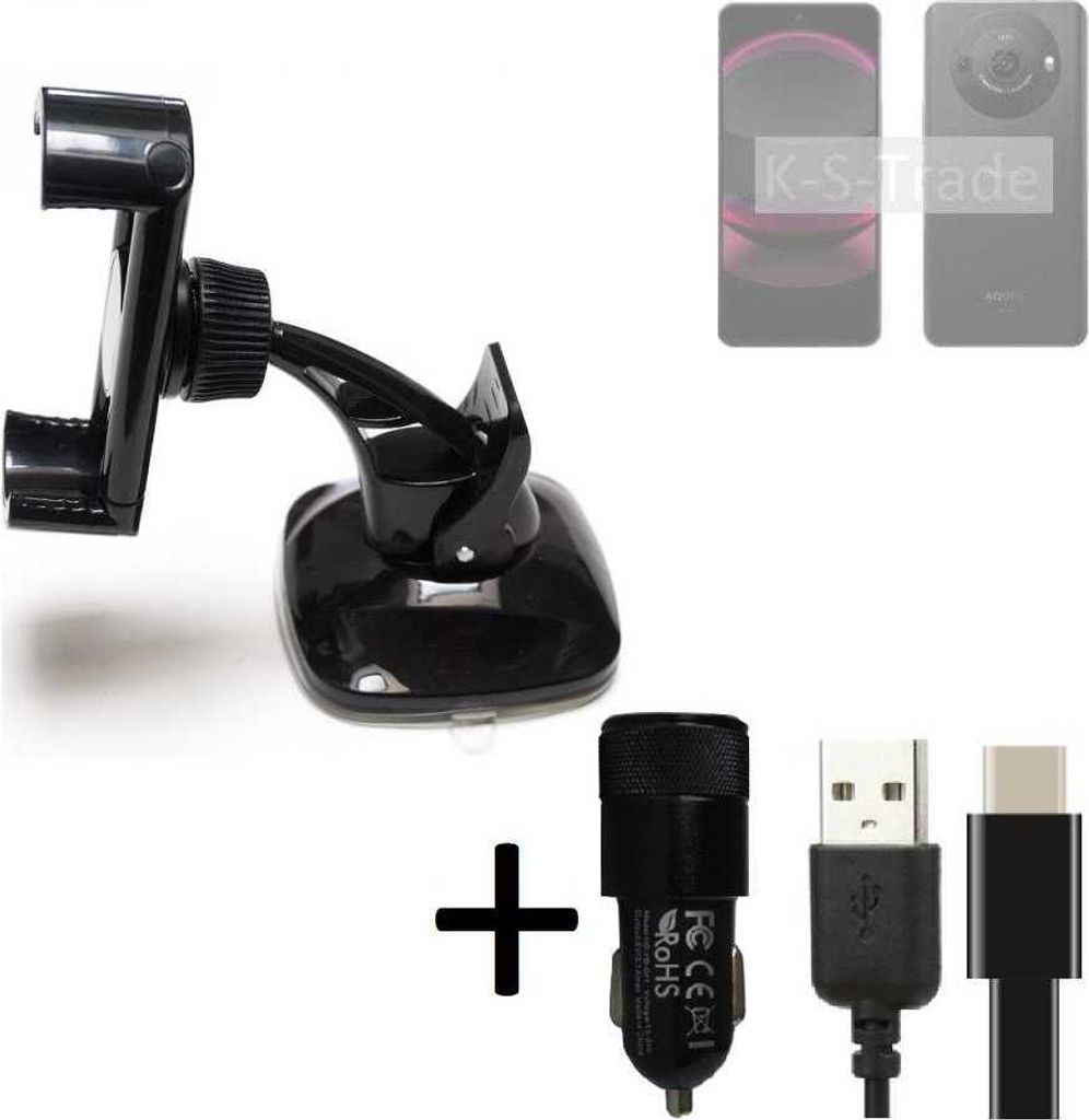 K-S-Trade Handy-Halterung kompatibel mit Sharp Aquos R8 Pro Windschutzscheibe / Armaturenbrett + LADEGERÄT mit Mico USB Kabel Autohalterung