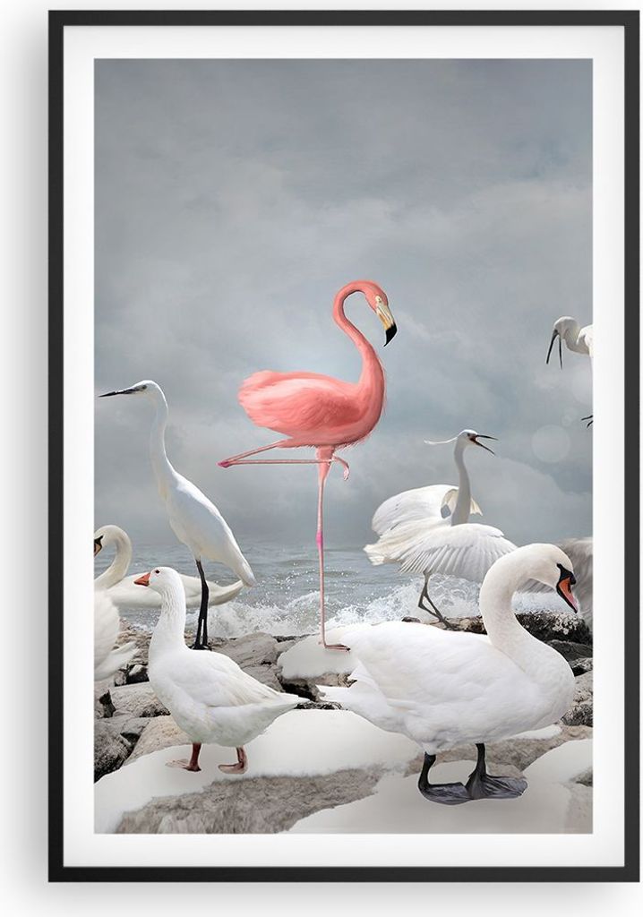 Gerahmtes Poster - Schwarzer Rahmen - Flamingo Schwan Fantasie - 61x91,5 cm - Wand Bild - Wanddeko - Wandbilder - Kunstposter - Wandposter - Bilder...