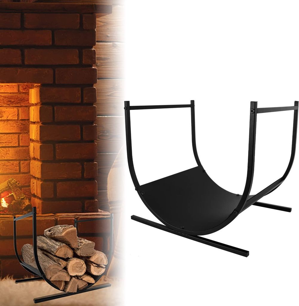 A black metal firewood rack is shown against a white background, with a partial view of a brick fireplace and logs on the left side of the image.